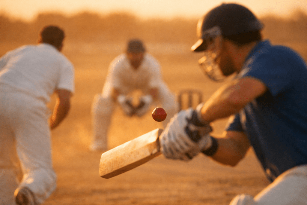 A cricket bat and ball resting on sand dunes at sunset, golden hour lighting casting long shadows. The equipment sits in sharp focus in the foreground while the rolling desert landscape blurs into the background. Warm amber and orange tones dominate the scene, with no people or specific facilities visible.